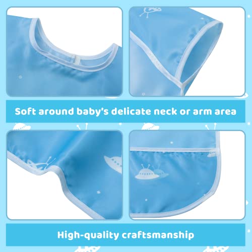 Little Dimsum Toddler Feeding Smocks Baby Waterproof Bib with Crumb Catcher Pocket Short Sleeve Adjustable Baby Bib, Pack of 2 Colors Glatic&spaceship4
