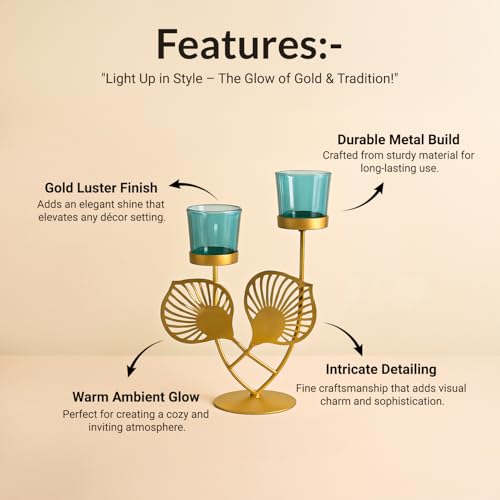 Image of MARKET 99 Metal+Glass 2 Votive T-Light Holder Leaf Shape | Decorative Candle Holder for Diwali, Christmas, Birthday & Wedding | Elegant Home Decor Accent for Festive & Ambient Lighting | Golden & Blue