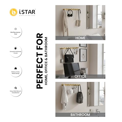 Image of iSTAR Stainless Steel 8 Pin Bathroom Cloth Hooks Hanger Door Bathroom Robe Hooks Rail for Hanging Keys,Clothes,Towel Steel Hook (Gold) (Pack of 1)