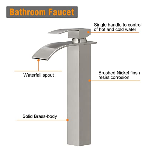 Hoimpro Waterfall Spout Brushed Nickel Bathroom Faucet, Tall Single Handle Bathroom Vanity Sink Faucet, Rv Lavatory Vessel Faucet Basin Mixer Tap with Deck Plate, Solid Brass (One or 3 Hole)