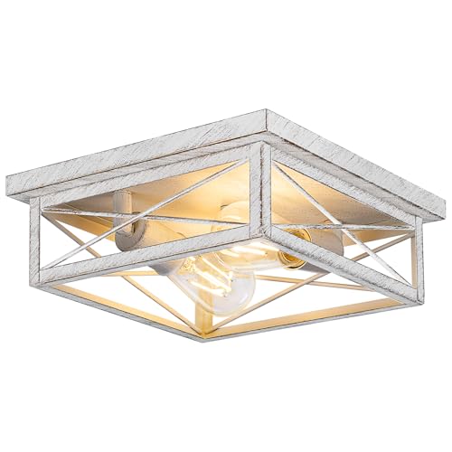 Kondras Antique White Hallway Light Fixture, 2-Light Farmhouse Flush Mount Ceiling Lighting, 1-Pack Metal Kitchen Lighting Fixture, Square Close to Ceiling Lamp for Bedroom Living Room Entryway