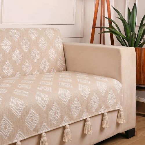 Image of STITCHNEST 'Verdant Rekhika Stories' 2 Seater Sofa Cover | Full Coverage with Armrest Pockets | Elegant Jacquard Fabric, Decorative Tassels, Washable & Durable for Modern Living