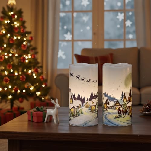 Image of GenSwin Christmas Flameless Candles with Remote Timer, Set of 2 Christmas LED Battery Operated Pillar Candles with Snow House, Santa, Reindeer Decals for Holiday Winter Party Home Decor(D3 inch x H6 inch)
