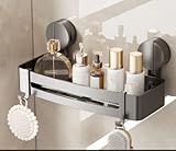 Duschablage Saugnapf - Duschregal ohne Bohren, Shampoo Halterung für Dusche, Hängeregal Bad Mit Vier Haken, Badregal Ablage für Bad Küche, Duschkorb Saugnapf Ohne Bohren 32×12×4.5cm (Pistolengrau)