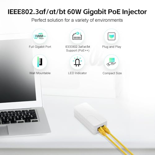 Image of Gigabit PoE Injector 60W, Supports IEEE 802.3af /at /bt, YuLinca White Compact Power Over Ethernet Adapter, Plug and Play, Fanless Wall Mount Design with LED Indicator