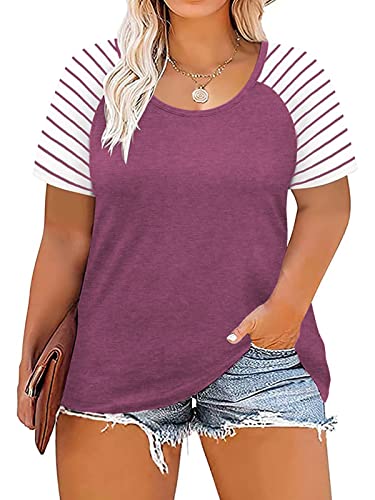 Women's Plus Size Blouses Raglan Striped T-Shirts Short Sleeve Top Wine Red-24W