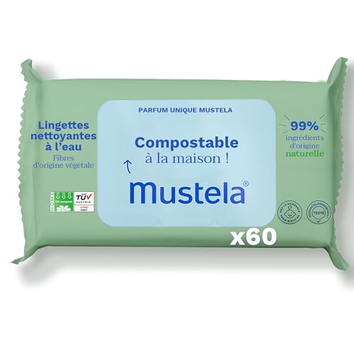 Mustela - Lingettes Nettoyantes - Lingettes Bébé Compostables - Visage, Mains, Siège - 99% ingrédients d'origine naturelle - Fibres d'origine Végétales...