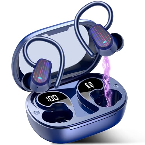 OYIB Wireless Earbuds, 2025 Bluetooth 5.4 Headphones HiFi Stereo Sound with 4 ENC Mic, 50H Playtime Wireless Headphones with Earhooks, LED Display, IP7 Waterproof Earphones for Sport/Running/Gym, Blue