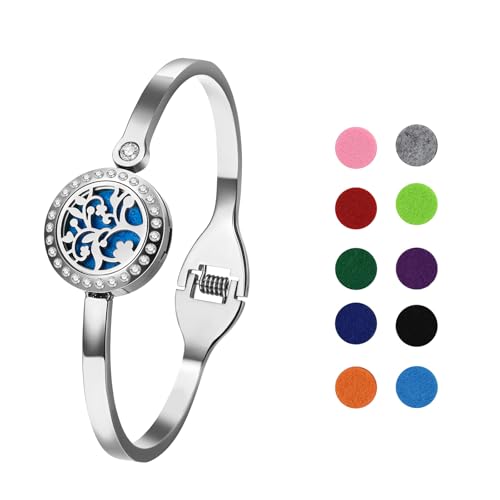 Cupimatch Essential Oil Diffuser Bracelet: Tree of Life Stainless Steel Aromatherapy Bracelets Adjustable with 10 Color Pads Jewelry Gift Set for Women