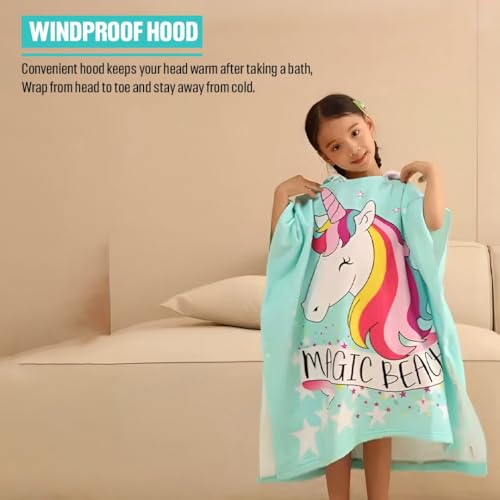 Image of TONY STARK Poncho Towel for Kids, Beach Towel with Hoodie, 60x60cm Travel Towel for 1-7 Years Girls and Boys, Soft Microfiber Sleeved Poncho (Unicorn Starlight Magic)
