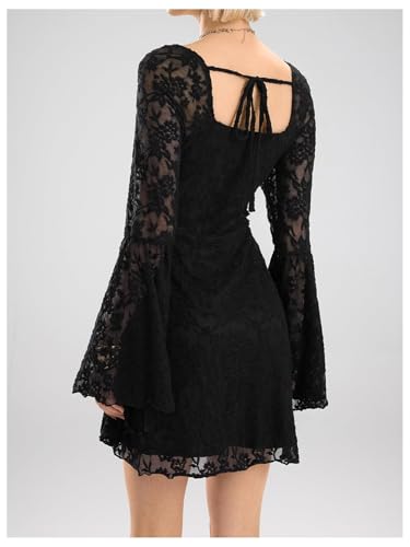 Image of WDIRARA Women's Floral Jacquard Gothic Bell Long Sleeve Dress | Mesh , A Line, Vintage