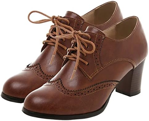 SHEMEE Women's Chunky High Heels Wingtip Oxfords Round Toe Lace Up Stacked Block Heel Vintage Brogues Pumps Shoes(Brown,US 8)