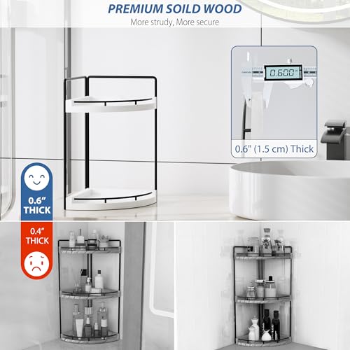 Image of Corner Bathroom Counter Organizer, 2 Tier Wood Vanity Storage, Waterproof Skincare Shelf for Kitchen & Toiletries Decor, Dresser (White-2 Tier)