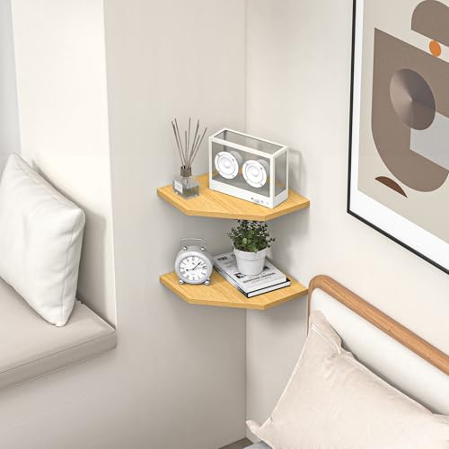 Image of Corner Shelf Wall Mount, Floating Corner Shelves, Set of 2 Corner Wall Shelf Organizer, Rustic Wood Wall Storage Display Shelves for Living Room Bedroom Bathroom Kitchen, Rustic Brown, Oak