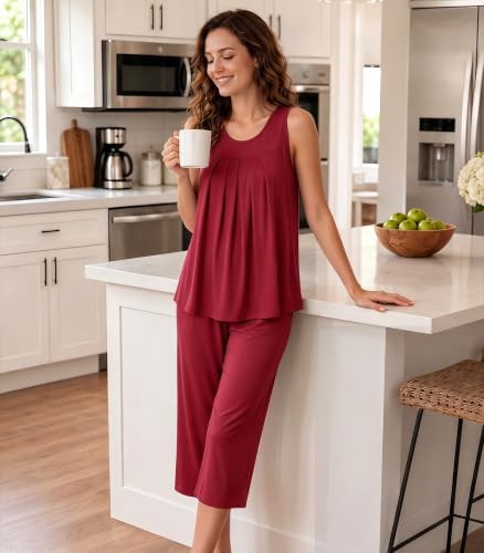 Image of NACHILA Pajamas for Women-Viscose Made from Bamboo, Sleeveless Pjs Tank Top Capri Pants Pajama Sets Cooling Sleepwear