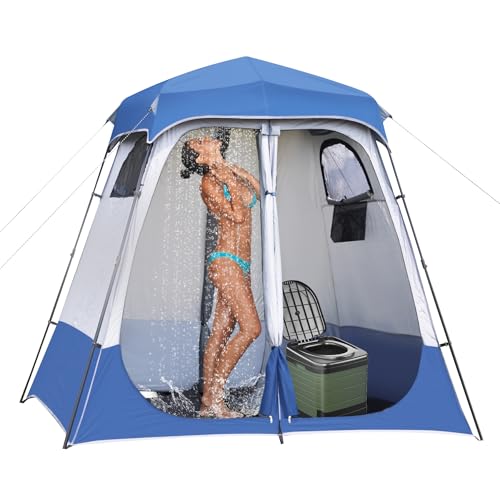 2-Room Camping Shower Tent, Instant Pop-up Privacy Shelter, Extra Large Changing Room & Toilet Tents with Ventilation, Portable Outdoor Shower with Rainfly & Floor for Dressing, Hiking, Beach, Fishing