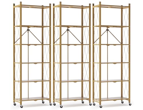 Image of ALANNG 73.6 Inch Folding Bookshelf, 6 Tier Metal Bookcase and Bookshelves | Tall Shelves for Living Room Office Bedroom, Heavy Duty Book Shelve Free Standing Open (Gold, 3PACK)