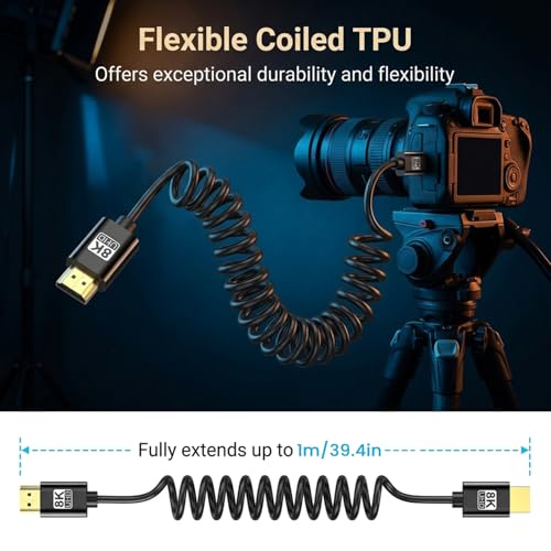 Image of Verilux HDMI Cable 2.1 with Spring, 8k@60Hz, 4k@144Hz, 2K@144Hz UHD Resolution, HDMI 2.1 Cable Supports Audio & Video for Synchronous Transmission for Monitors Gimbals and Video Use