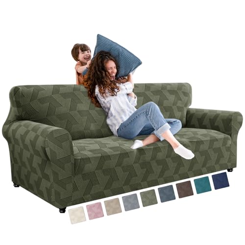 Image of XINEAGE Stretch Sofa Covers 3 Seater, 1 Piece Sofa Slipcovers with Non Slip Design, Soft Couch Covers, Washable Furniture Protector for Dog/Pets Feature Geometrical Jacquard Fabric(Sofa,Army Green)