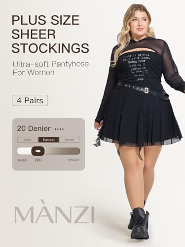Image of MANZI Women's Plus Size Pantyhose 4 Pairs Sheer Nylon Tights