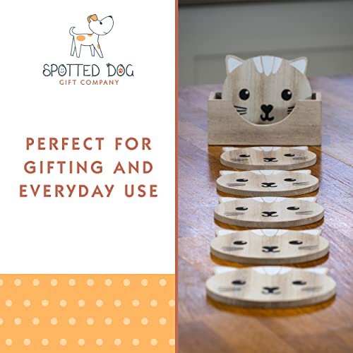 SPOTTED DOG GIFT COMPANY Coasters Set of 6, Wooden Cat Coasters With Holder for Drinks Mugs Cups, Cute Cat Themed Decorative Home Decor Accesories & Gifts for Cat Lovers