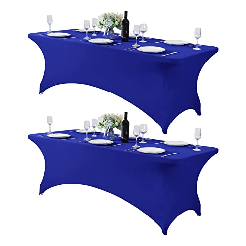 Hezuzo 2Pack Spandex Table Cover for 8FT or 4ft or 6ft Table Universal Fitted Stretch Tablecloth for Party, Banquet, Wedding and Events-Royal Blue