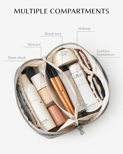 Image of EACHY Travel Makeup Bag, Lychee Large Capacity Cosmetic Bag for Women, Open Flat Toiletry Bag with TPU Brush Compartment, Waterproof Skincare Organizer Travel Essentials (AG-Cool Gray, Medium)