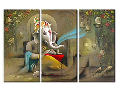TUMOVO Office Decor Hindu Lord Ganesha Wall Art Worship of Ganesha Wall Decor for Living Room 3 Piece Hindu God Contemporary Home Decor Print on Canvas Stretched and Framed Ready to Hang (60" Wx40 H)
