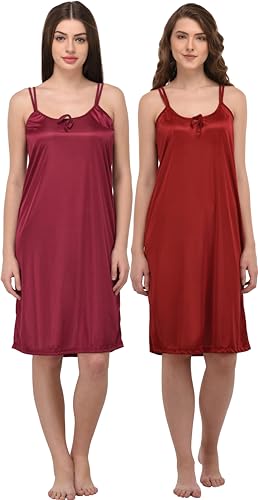 Image of You Forever Women Sexy Satin Striped Solid Above Knee Length Nighty, Loungewear, Nightwear, Sleepwear, Home Wear Short Nighty for Women Pack of 2