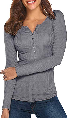 Tobrief Womens Fall Henley Shirts Notch V Neck Button Down Sweater Long Sleeve Tee Tops Grey,L #TOP24