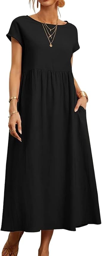 DMOYALA Black Linen Dress for Women Summer Trendy Plus Size Maxi Dress with Pockets Womens Casual Short Sleeve Crew Neck Flowy Dress High Waist Tiered Dress XL