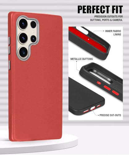 Image of WOW IMAGINE Back Cover for Samsung Galaxy S24 Ultra 5G | Shockproof Tough Leather Texture Hard Mobile Case | Ultra Slim Non-Slip Grip | Inner Velvet Fabric | Metal Camera Ring - Crimson Red