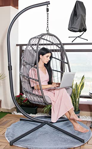 MOJIA Egg Chair with Stand and Oxford Cover, 450lbs Capacity Patio Wicker Hanging Swing Chair Indoor...