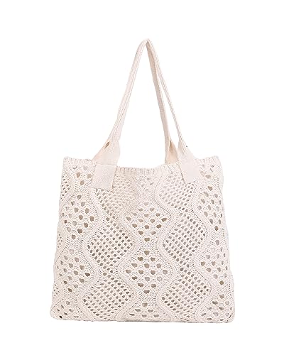 Stizimn Crochet Summer Beach Tote Shoulder Hobo Knit Hippie Bag - Large Capacity (Beige-A)
