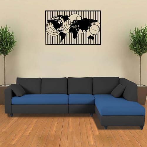 Image of Florian RHS 6 Seater L Shape Sofa Set for Living Room (Blue Black Fabric) Premium Fabric Sofa