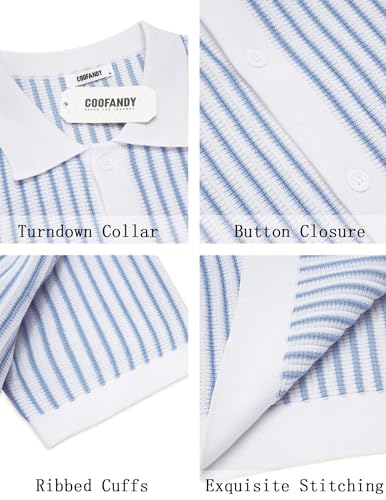 Image of COOFANDY Mens Knit Button Down Shirts Short Sleeve Polo Shirt Vintage Striped Casual Shirts