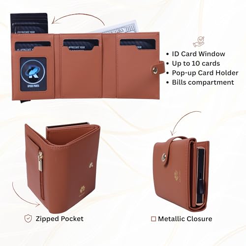 RFID Blocking Pop-Up Wallet for Women – Toggle Style Slim Brown Leather Wallet with ID Window, Coin & Cash Pocket, Card Holder, Front Pocket Fit Minimalist3