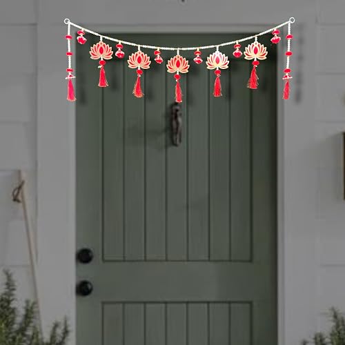 Image of iHandikart Decorative Lotus Toran for Door | Hanging Beads and Tassels for Entrance, Elegant Flower for Backdrop and Handmade Beaded Bandhanwar for Decoration (40 Inch)