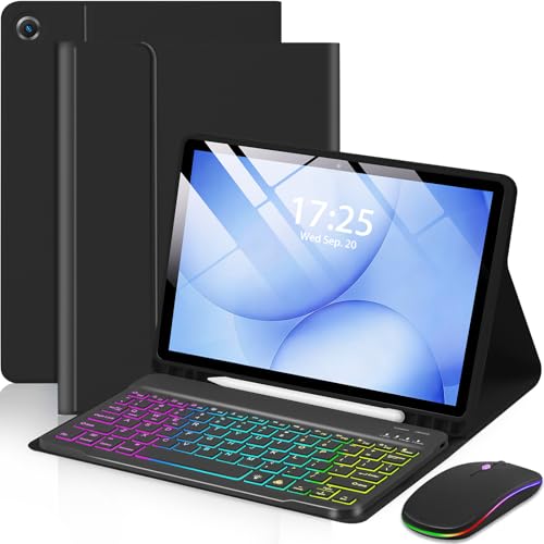 EAMPANG Case with Keyboard Mouse for Samsung Galaxy Tab A11 Plus/A9 Plus 2025/2023 11 inch,7 Color Rainbow Backlight Detachable USB-C Keypad Magnetic Case with Pen Slot for Tablet A11+ A9+ 5G Black