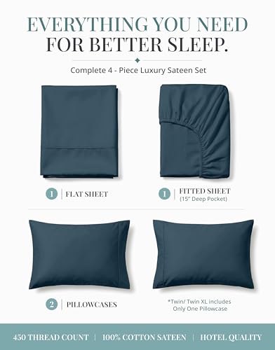 Image of LANE LINEN 100% Cotton Bed Sheets Full Size - 450 Thread Count Silky Sateen Weave - Extra Soft, Cozy & Breathable Year Round Comfort - Fits Matresses Upto 15'' Deep - Oeko TEX Certified - Estate Blue