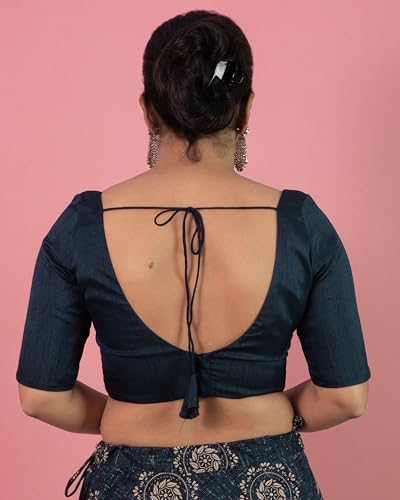 Image of FIGURE'S DESIGNER Women's Dupion Raw Silk Half Elbow Sleeves Sweetheart V Neck Sabyasachi Cut Readymade Saree Blouse S10