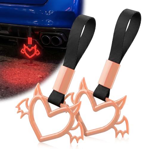 Image of 2 Pcs Devil Heart Shaped Car Handle Strap - JD M Drift Charm Rear Bumper Warning Ring Decor for Car Interior Exterior, Subway Bus Handle Accessory, Cute Heart Car Decor Gift (Luminous Red-Wing)