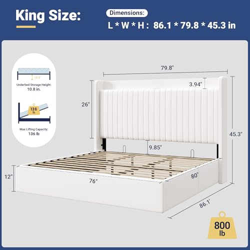 Image of Allewie King Size Lift Up Storage Bed Frame,Storage Shelf Headboard with Charging Station,Type-C and USB Ports,Hydraulic Support,Velvet Upholstered Bed Frame,No Box Spring Needed,White