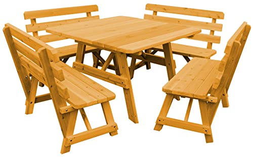 Furniture Barn USA Cedar 43\" Square Picnic Table with 4 Backed Benches, Natural Stain