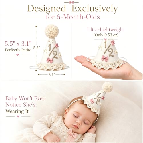 Packyouth Bow 6 Month Birthday Hat for Girls – Boho Half Birthday Crown with Satin Bows, Lace Trim & Glitter 1/2" | Cake Smash Photo Prop | Stretchy Elastic Strap(COLOR-3, 1/2) — view 6