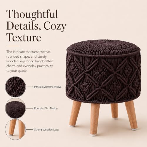 Image of Macrame Ottoman for Living Room | Handcrafted Woven Foot Rest Stool with Solid Wooden Legs | Pouffe for Sitting, Foot Stool for Bedroom & Home Decor | 16x16x18 Inch (Coffee)