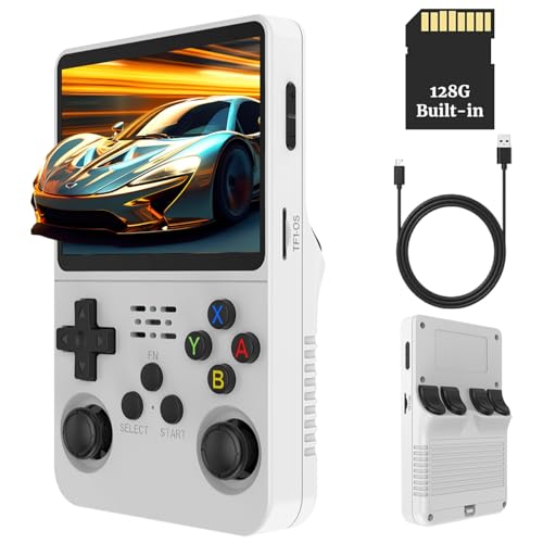 R36s 3.5 Inch Retro Gaming Console, 21000+ Games Retro Handheld Game Console, Video Game Console with Dual Stylem Linux/Garlic Supports & Dual 3D Joysticks 128G (White)
