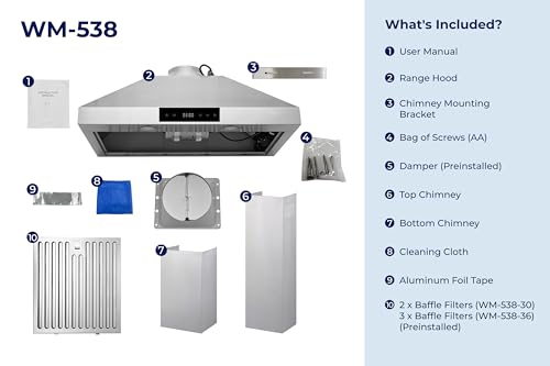 Image of Hauslane Wall Mount Range Hood 36 inch Convertible 450-860 CFM 6 Speed