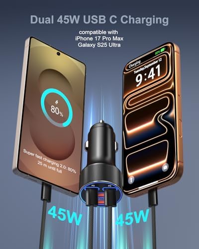 Super Fast Type C Car Charger, Besgoods Dual 45W USB C 4-Port Cigarette Lighter Adapter Compatible with Galaxy S26 S25 Ultra FE S24 S22 iPhone 17 16 15 Pro Max, with 6ft Braided USB C to C Cable - 2