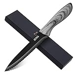 EUNA 5 Inch Serrated Bread Knife Ultra-Sharp Utility Knife For Kitchen Slicing & Paring Professional With Sheath & Gift Box Bread Pizza Cutter with PP Grain Universal Grip Multipurpose